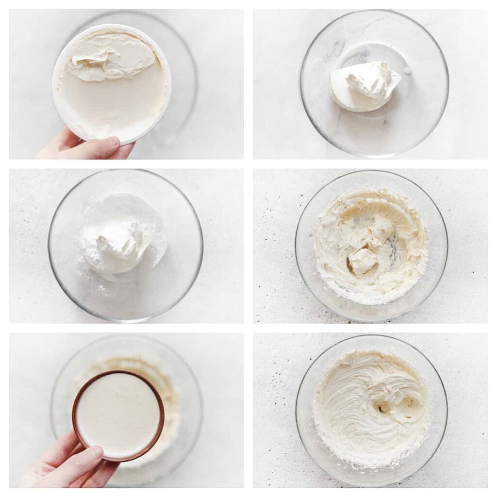 Doe de mascarpone, klopfix, suiker en vanillesuiker in een diepe kom. Mix gedurende 1 minuut tot een geheel. Voeg de slagroom beetje bij beetje toe en mix tot het stijf is.