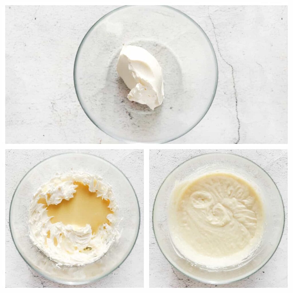 Doe de helft van mascarpone samen met de poedersuiker, klopfix en vanillesuiker in een diepe kom. Mix 1 minuut. Voeg vervolgens de afgekoelde gesmolten witte chocolade beetje bij beetje toe en mix goed. Voeg daarna de resterende mascarpone toe en mix opnieuw. Giet de ongeklopte slagroom langzaam in en mix tot het mengsel stijf is. Zet de mixer opzij en gebruik vanaf nu een spatel. Voeg de geraspte kokos toe en spatel voorzichtig tot een geheel. Let op: zorg ervoor dat de mascarpone en gesmolten witte chocolade op kamertemperatuur zijn, terwijl de slagroom koud is.