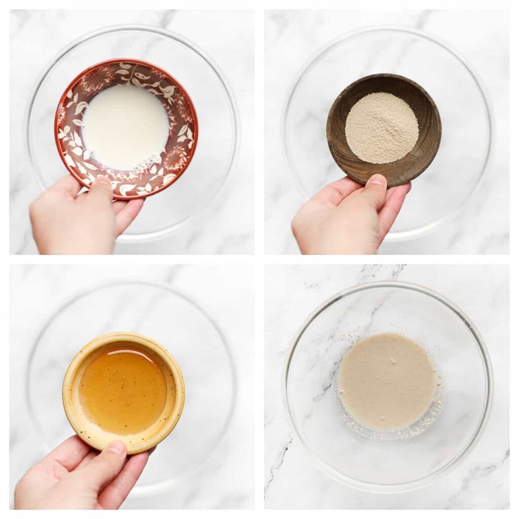 Doe de lauwwarme melk, gist en honing in een diepe kom. Meng goed en laat 5 minuten staan.