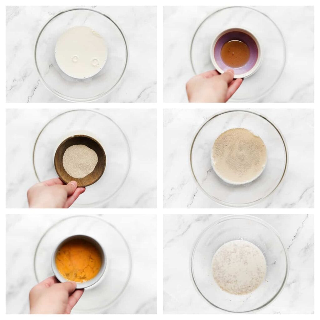 Doe lauwwarm water en lauwwarme melk in een diepe kom. Voeg de honing en gist toe en meng goed. Voeg geleidelijk het geklutste ei toe en meng opnieuw. Laat dit mengsel 5 minuten rusten.