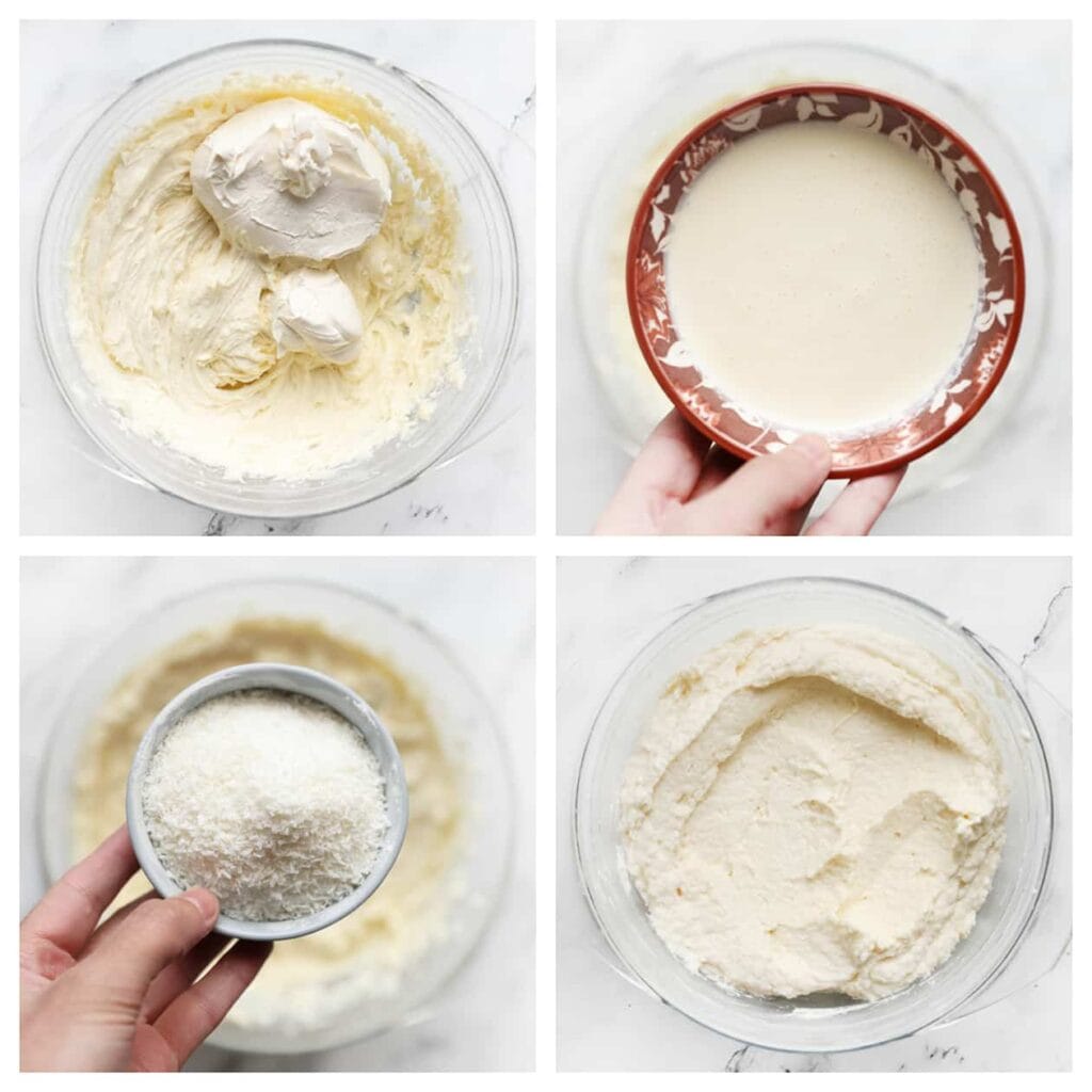 Voeg daarna de resterende mascarpone toe en mix opnieuw. Giet de ongeklopte slagroom langzaam in en mix tot het mengsel stijf is. Zet de mixer opzij en gebruik vanaf nu een spatel. Voeg de geraspte kokos toe en spatel voorzichtig tot een geheel. Let op: zorg ervoor dat de mascarpone en gesmolten witte chocolade op kamertemperatuur zijn, terwijl de slagroom koud is.