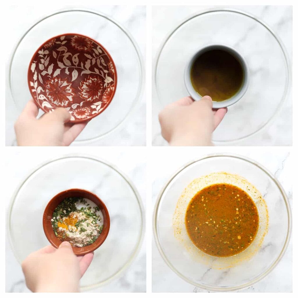 Doe water, olijfolie, zout, ras el hanout, kurkuma, uienpoeder, knoflookpoeder en gedroogde peterselie in een kom en meng goed.