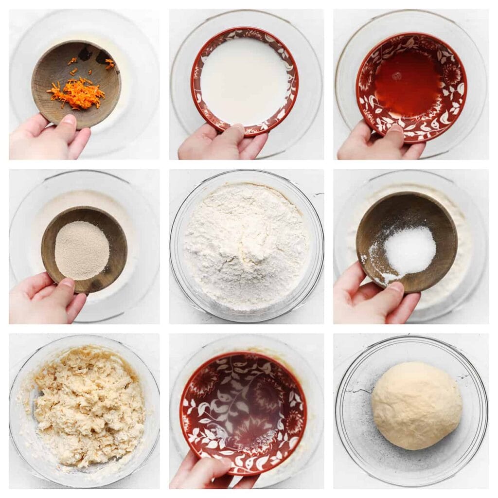 Voeg de sinaasappelrasp, melk, sinaasappelsap, gist, bloem en het zout toe. Meng goed en kneed stevig door. Voeg vervolgens het lauwwarme water toe en kneed nog 10-12 minuten.