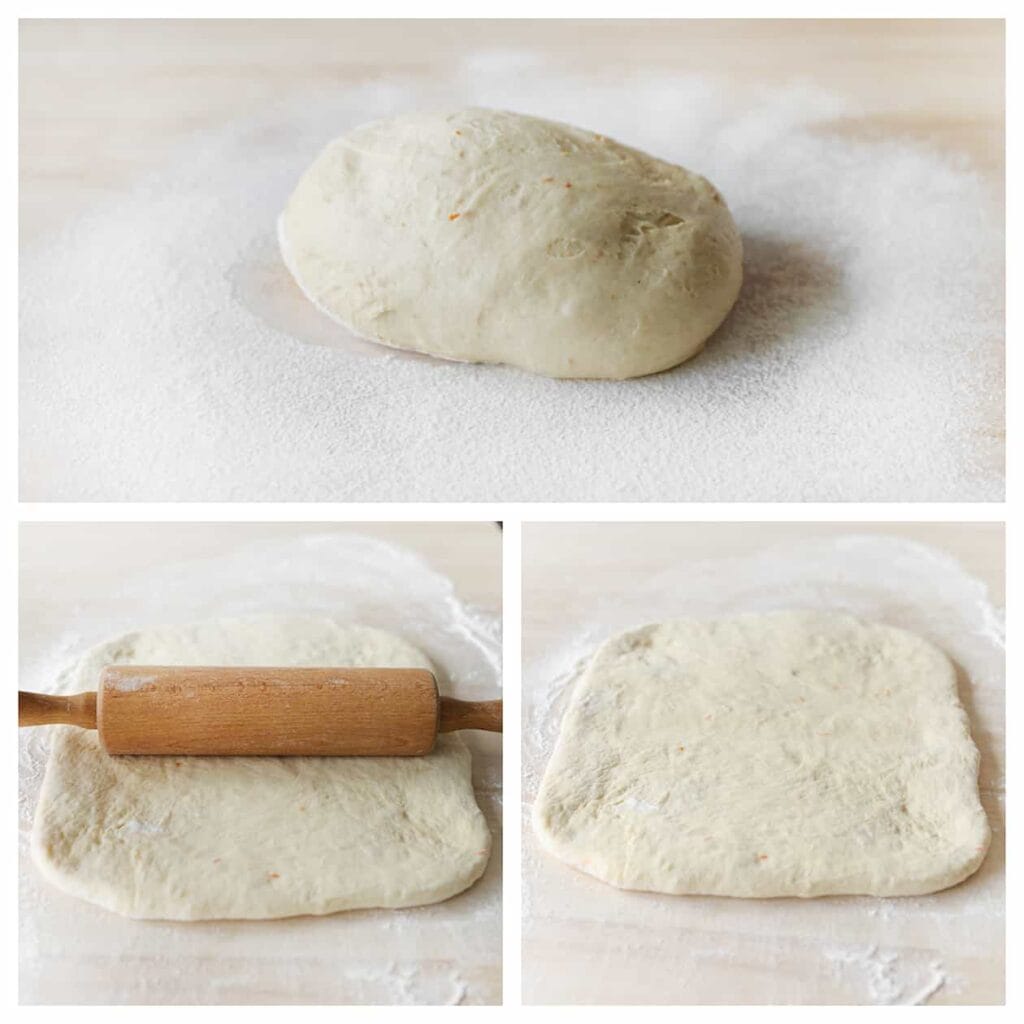 Stort het deeg op een met bloem bestoven werkplek en rol het uit tot een rechthoekige lap van 27x32 cm met een dikte van ongeveer 1,5 tot 2 cm.