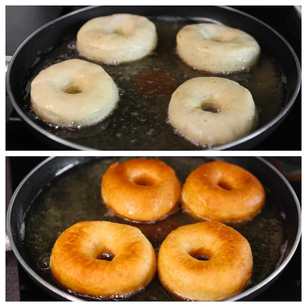 Verhit een laagje zonnebloemolie in een koekenpan op middelhoog vuur (175 ℃). Bak de sinaasappeldonuts aan beide zijden mooi goudbruin. Laat de donuts uitlekken op een vel keukenpapier.