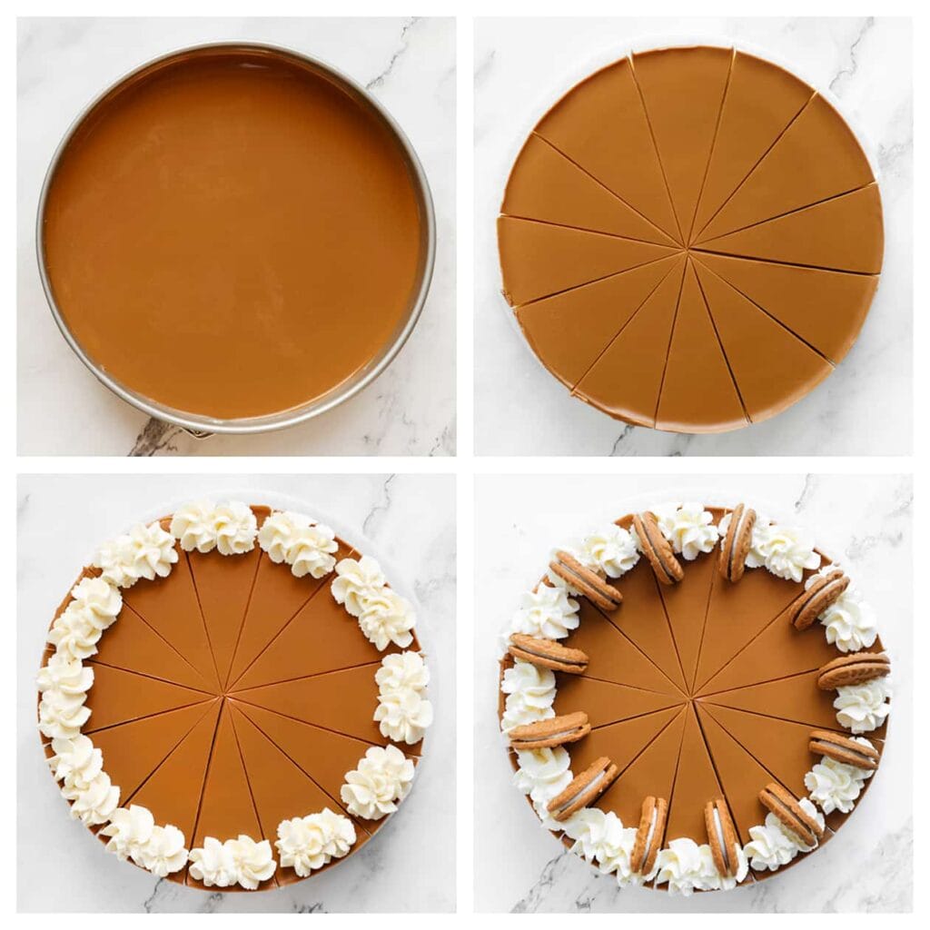 Snijd de speculoos cheesecake in puntjes. Indien gewenst, garneer deze met room en speculooskoekjes. Bismillah, geniet ervan!