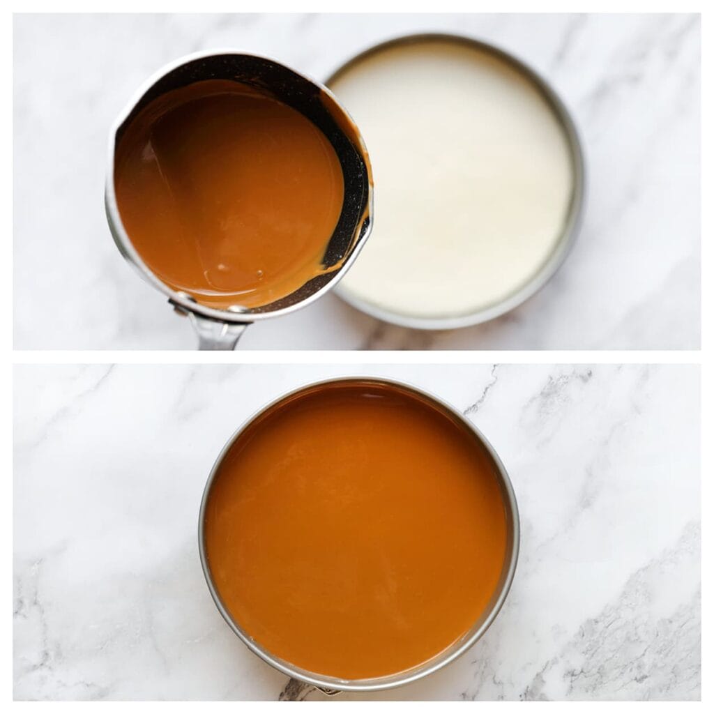 Verwarm 150 gram speculoospasta al roerend in een steelpan op laag vuur. Giet vervolgens de verwarmde speculoospasta over de speculoos cheesecake en zet het geheel weer even in de koelkast zodat de topping stevig kan worden.