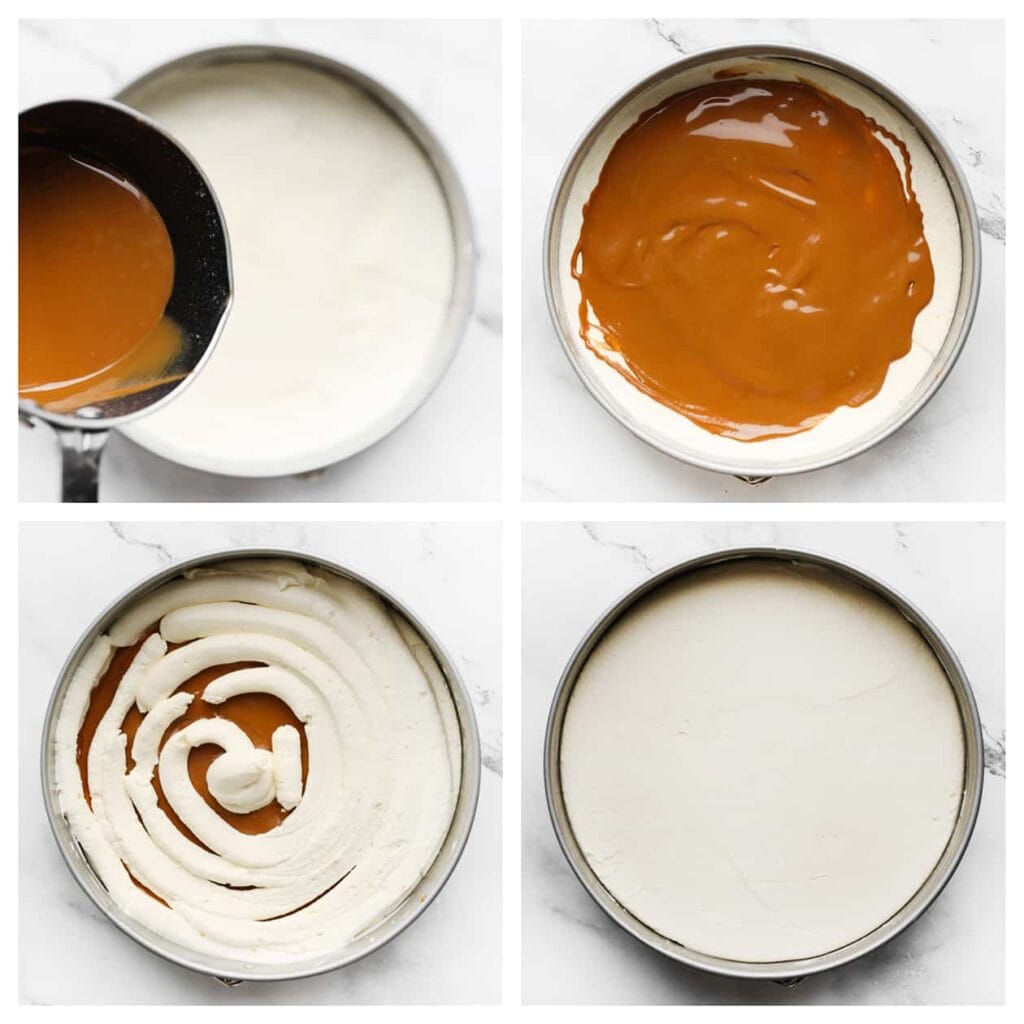 Voeg de speculoospasta toe, en daarover het resterende cheesecakemengsel. Maak het geheel egaal. Laat de cheesecake, afgedekt, 3-4 uur opstijven in de koelkast. Het liefst een nachtje.