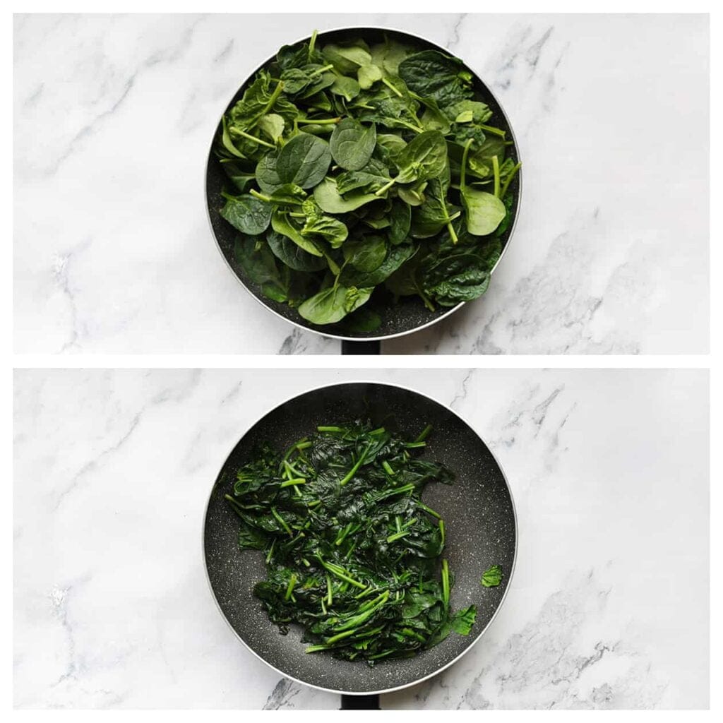 Verhit de koekenpan op middelhoog vuur. Voeg de spinazie toe en bak deze tot deze geslonken is. Hak vervolgens de spinazie fijn.