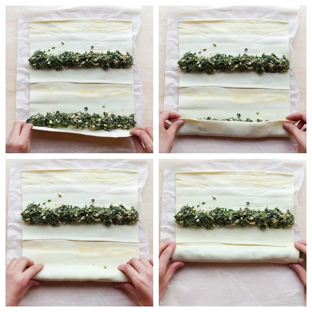 Rol het bladerdeeg stevig op. Herhaal deze stap voor de rest van het bladerdeeg.