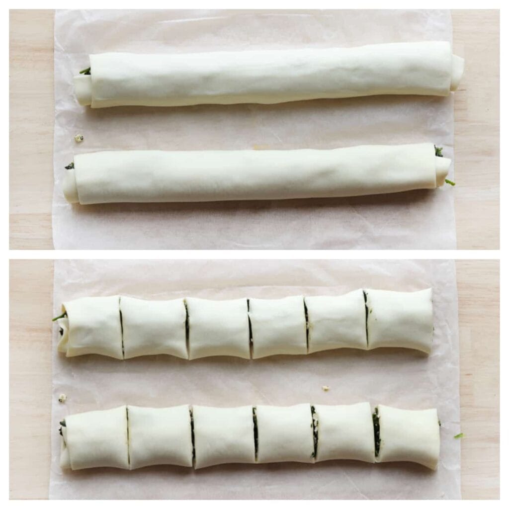 Snijd het gevulde bladerdeeg met spinazie en feta in stukken.