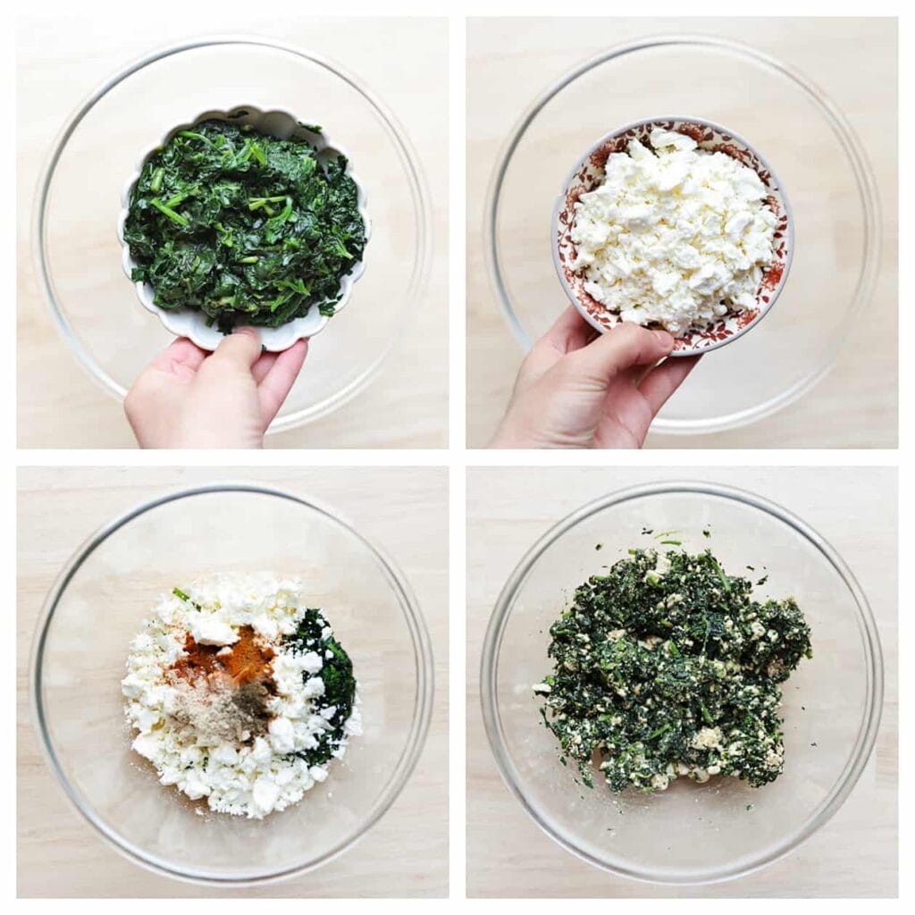 Doe de spinazie in een diepe kom. Verkruimel de feta kaas en voeg deze toe. Voeg vervolgens de komijnpoeder, uienpoeder, zwarte peper en cayennepeper toe. Meng alles goed door elkaar tot een geheel.