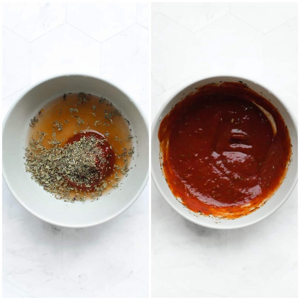 Doe de tomatenpuree samen met het water en de oregano in een kom. Meng goed.