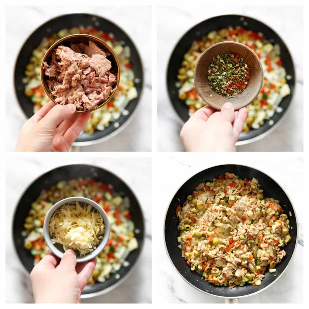 Voeg tonijn, saladekruiden en Italiaanse kruiden toe. Meng goed. Voeg als laatste de geraspte kaas toe en bak mee totdat deze gesmolten is. Laat het tonijnmengsel iets afkoelen.
