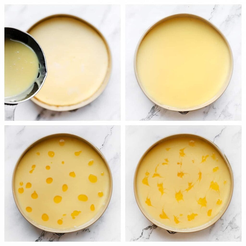 Verdeel de witte chocoladeganache gelijkmatig over de cheesecake. Spuit er wat lemoncurd op en gebruik een tandenstoker om er een sierlijk patroon op te creëren.