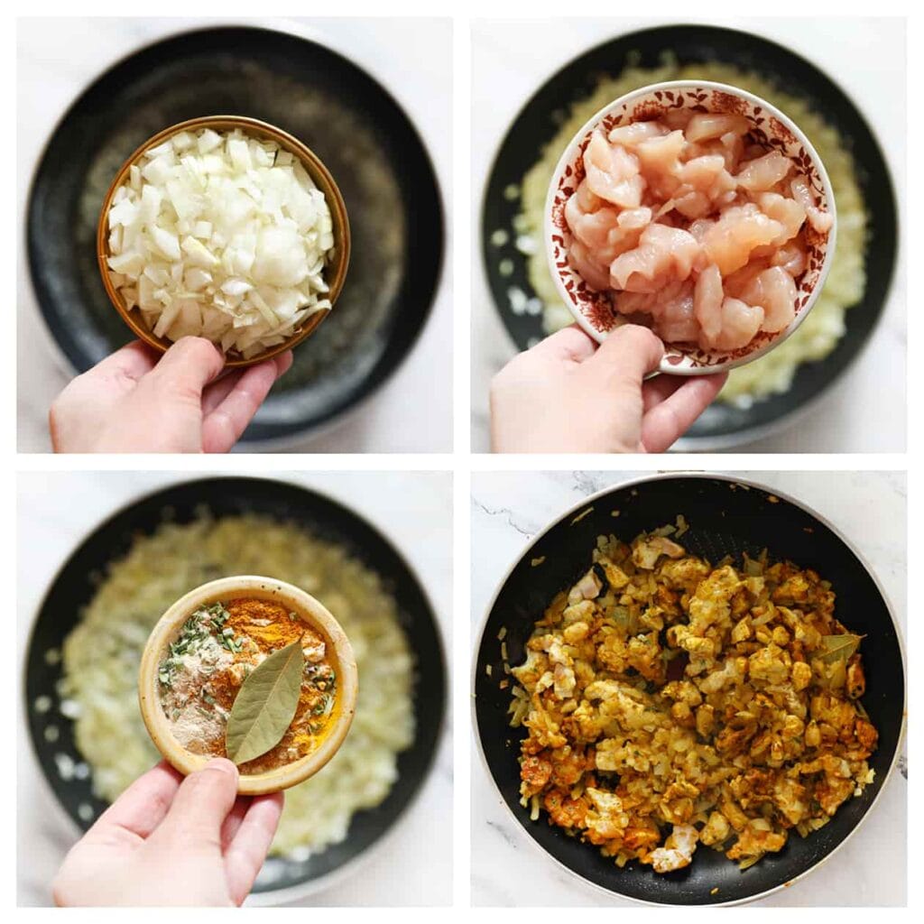 Verhit de roomboter en olijfolie in een koekenpan op middelhoog vuur. Voeg de gesneden gele ui toe en bak deze 3-4 minuten, of totdat ze een goudbruine kleur hebben bereikt. Voeg de kippendijen, kaneelpoeder, uienpoeder, knoflookpoeder, kurkuma, gedroogde peterselie, ras el hanout, het zout en een laurierblaadje toe. Meng alles goed en bak nog eens 4-5 minuten.