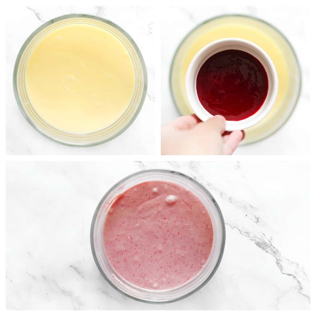 Doe de witte chocolade ganache in een diepe kom en voeg een deel van het frambozenmengsel toe (75 gram). Meng alles goed door elkaar tot een glad geheel.