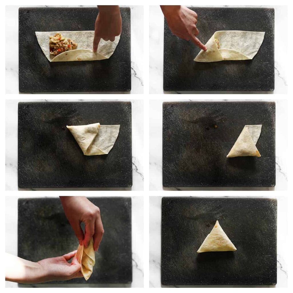 Vouw de linkerbovenhoek diagonaal over het tonijnmengsel, zodat een driehoekig gevuld zakje ontstaat. Vervolgens vouw je de driehoek in een zigzagpatroon, waarbij je telkens een zijde naar de andere kant vouwt om de vorm te behouden. Het uitstekende deel van de wrap stop je in een open gleufje om het goed dicht te maken (zie foto's).