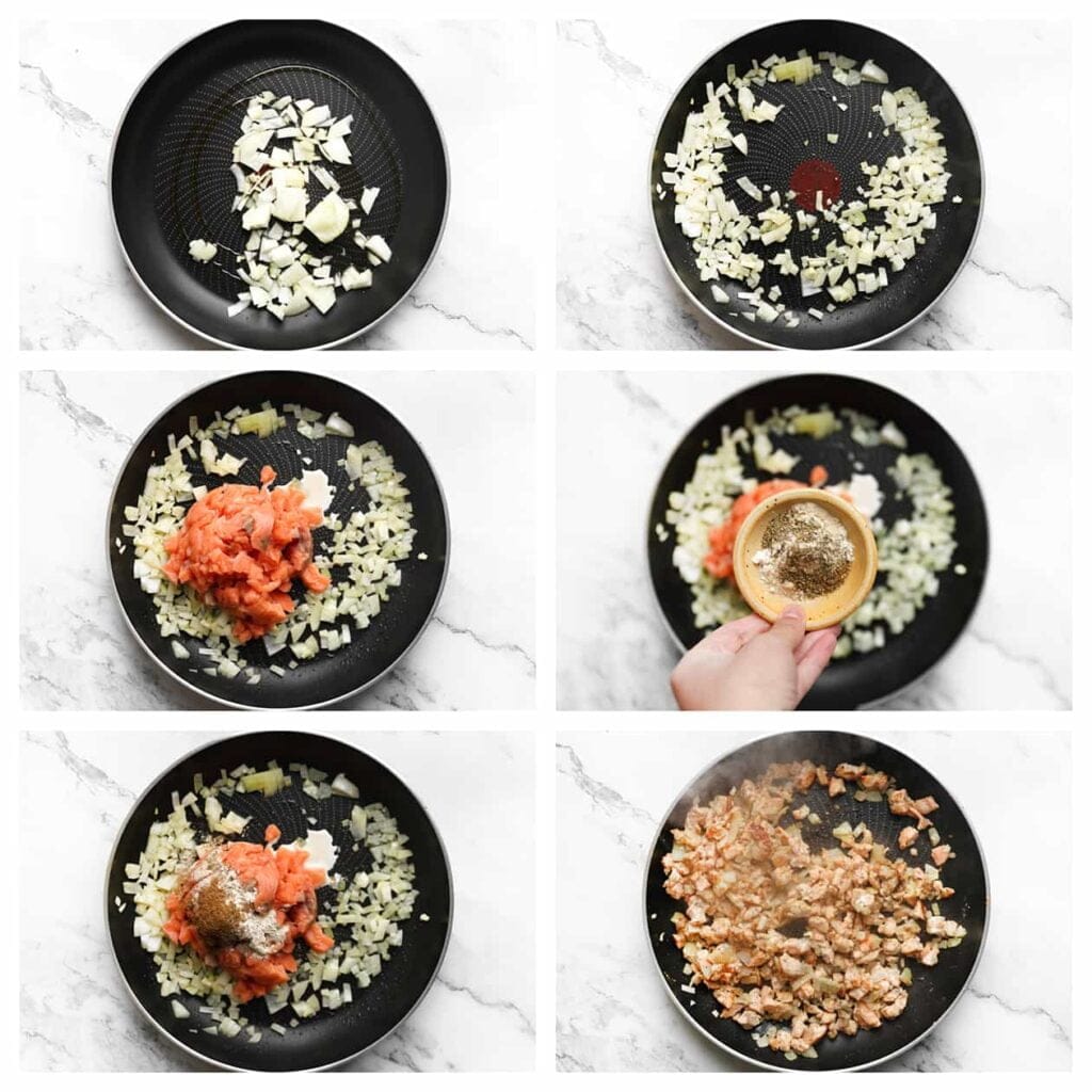 Verhit de olijfolie in een koekenpan op middelhoog vuur. Voeg de gesnipperde gele ui toe en bak kort mee. Voeg vervolgens de stukjes zalm, komijnpoeder, knoflookpoeder, uienpoeder, zwarte peper en het zout toe. Bak tot de zalm lichtroze is gekleurd.