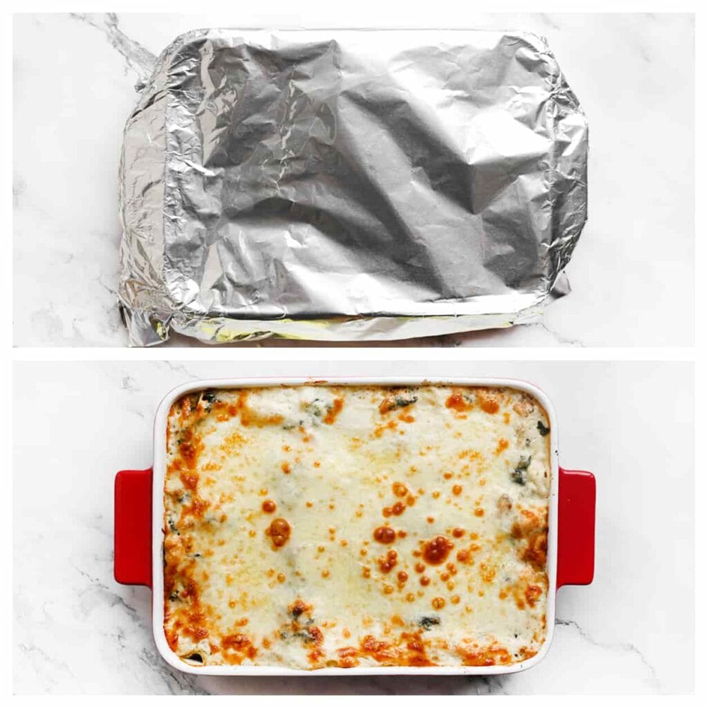 Bedek de ovenschaal met een vel bakpapier en daaroverheen een laagje aluminiumfolie. Zet de zalmlasagne in een voorverwarmde oven op 200 ℃. Bak 30 minuten. Verwijder het bakpapier en de aluminiumfolie. Zet de zalmlasagne terug in de oven en bak nog 10 minuten.