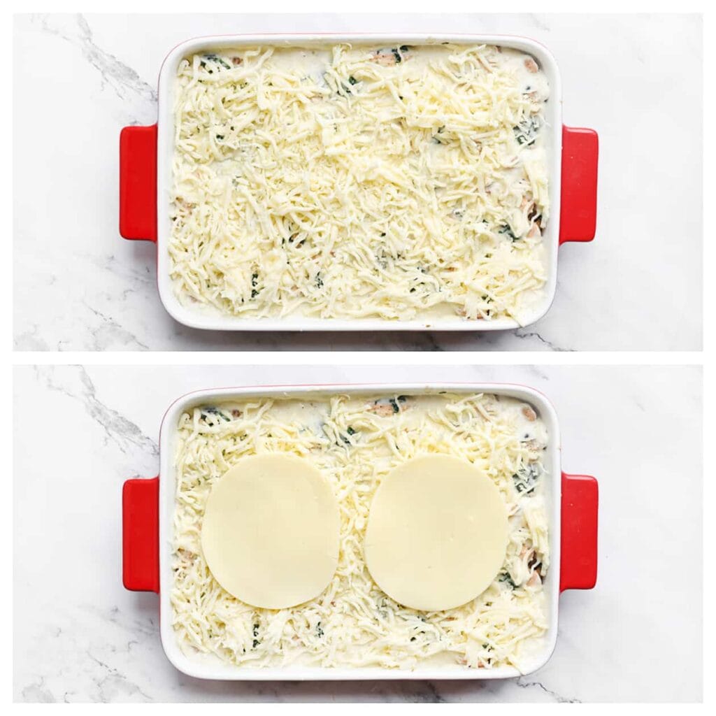 Strooi geraspte mozzarella over de bovenkant en leg er plakjes mozzarella op.