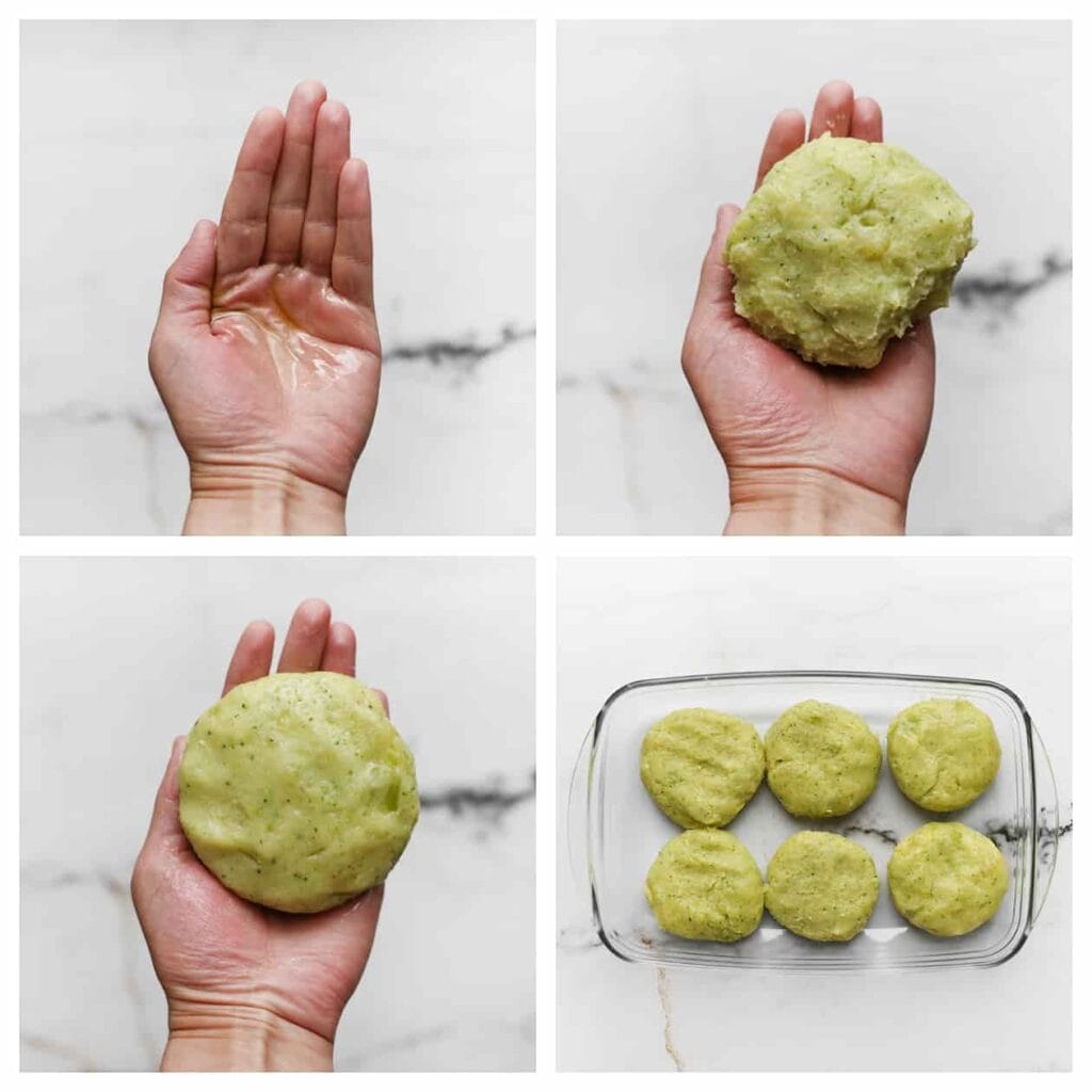 Vet je handen in met wat zonnebloemolie en neem een portie van het aardappel-broccolimengsel. Vorm dit tot een bol en leg deze op een ovenschaal. Herhaal deze werkwijze voor de rest van het mengsel.