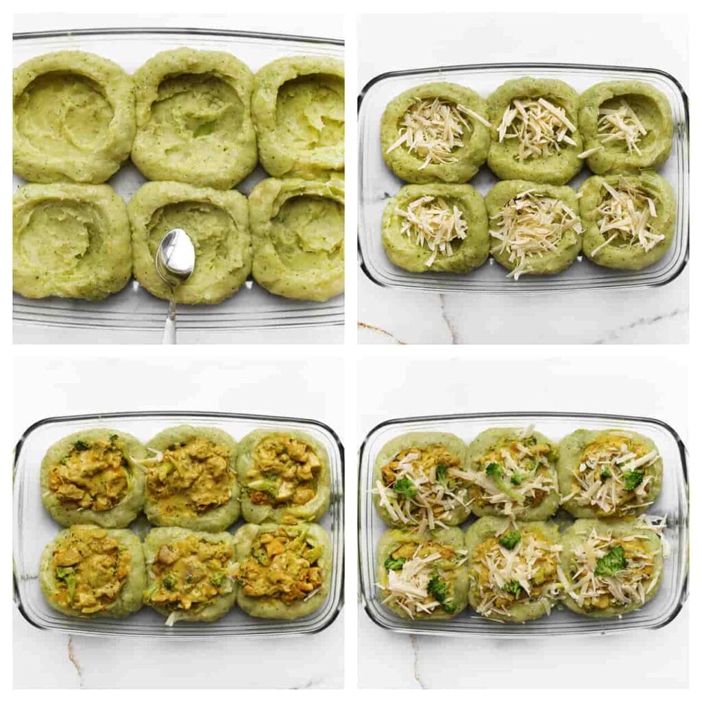 Neem een lepel en druk hiermee in een aardappel-broccolibol om een holte te creëren. Vul deze met een beetje geraspte kaas, het kipmengsel, nog wat geraspte kaas en een paar stukjes broccoli.