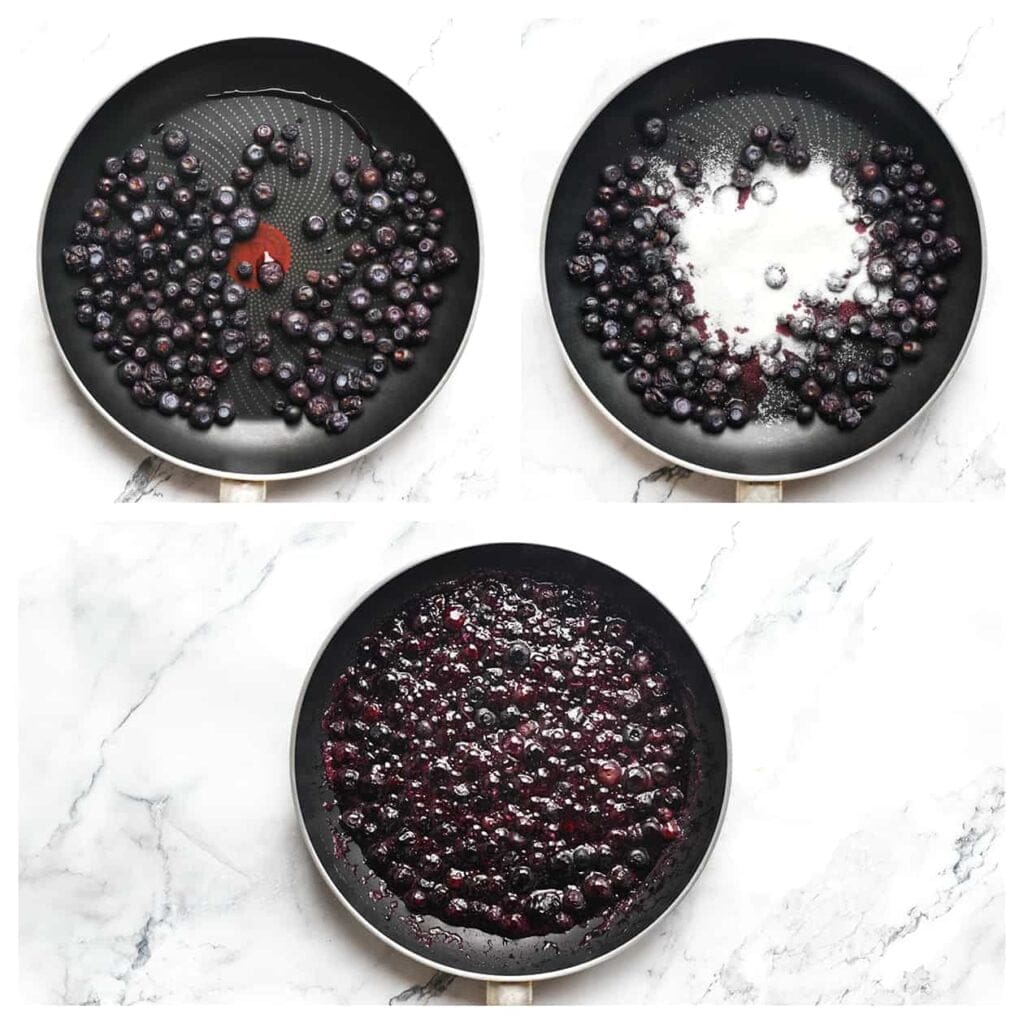 Doe de bosbessen samen met de suiker in een koekenpan op middelhoog vuur en breng ze 7-10 minuten aan de kook. Roer regelmatig. Neem een kom en plaats er een zeef op. Giet het bosbessenmengsel door de zeef en druk het goed aan met een spatel of lepel zodat de pulp achterblijft.