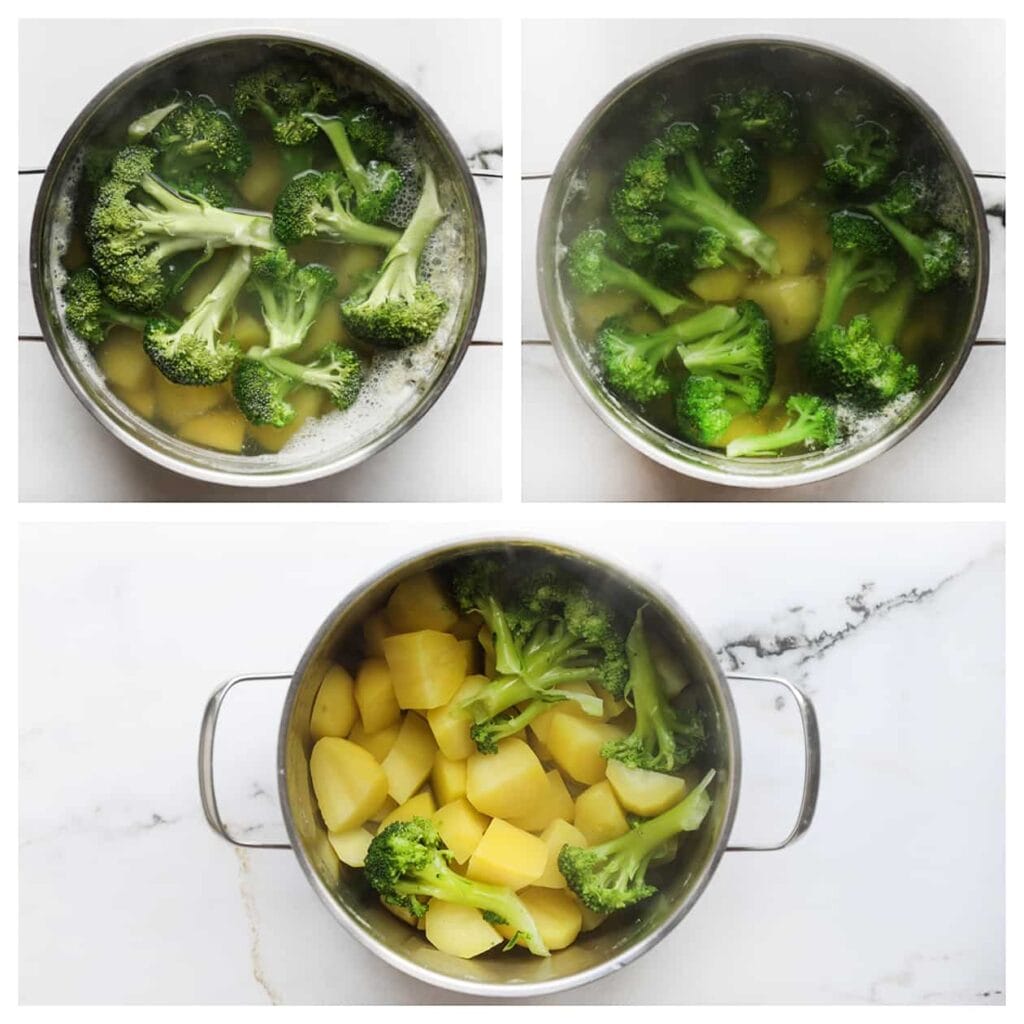 Voeg de broccoli toe aan de aardappels en laat het geheel nog 5-10 minuten meekoken. Giet vervolgens het water af. Zet 100 gram broccoli apart, deze gebruik je straks voor de kip.
