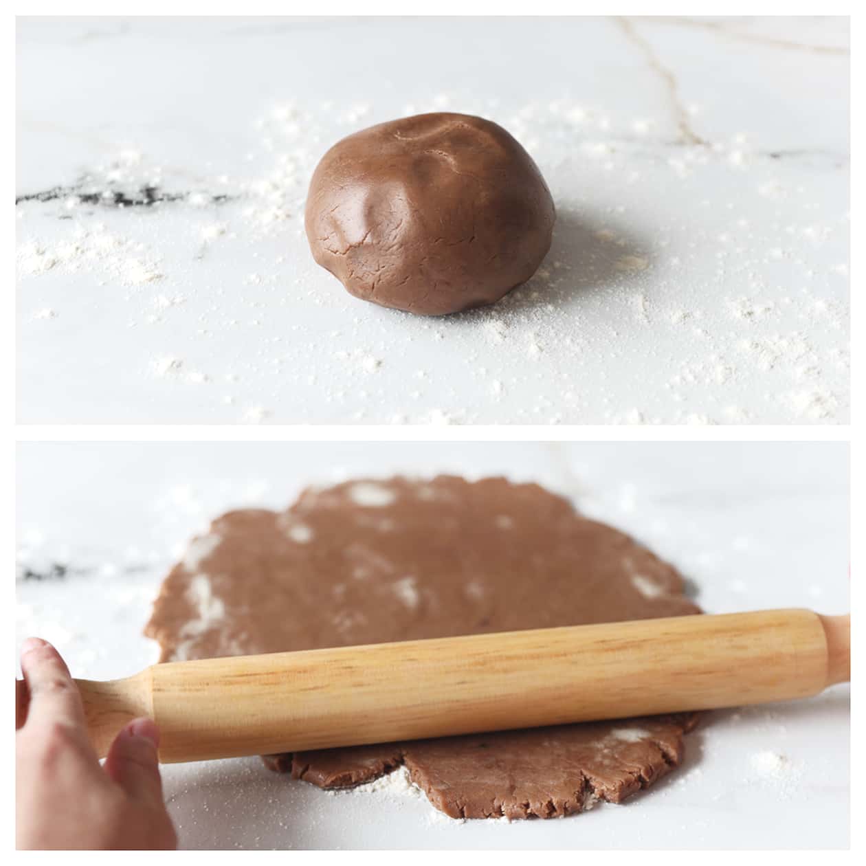 Cacaodeegje uitrollen tot een platte koekjesdeeg