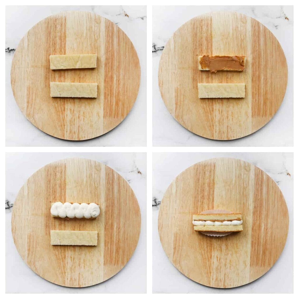 Neem een stuk cake en smeer er een laagje Biscoff-pasta op, gevolgd door een toefje room. Leg vervolgens nog een stuk cake erop en druk lichtjes aan. Herhaal deze stap voor de overige stukken cake.