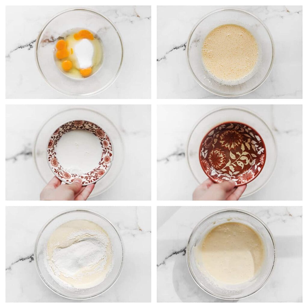 Breek de eieren boven een kom en voeg de suiker en vanillesuiker toe. Klop 5-7 minuten op de hoogste stand tot een luchtige massa ontstaat. Voeg vervolgens de melk toe en mix tot alles goed vermengd is. Voeg daarna de zonnebloemolie toe en mix opnieuw tot een geheel. Zeef de bloem en bakpoeder boven het beslag. Roer niet, maar spatel voorzichtig de bloem door het beslag in acht bewegingen. Dit helpt de structuur van de cake luchtig te maken.