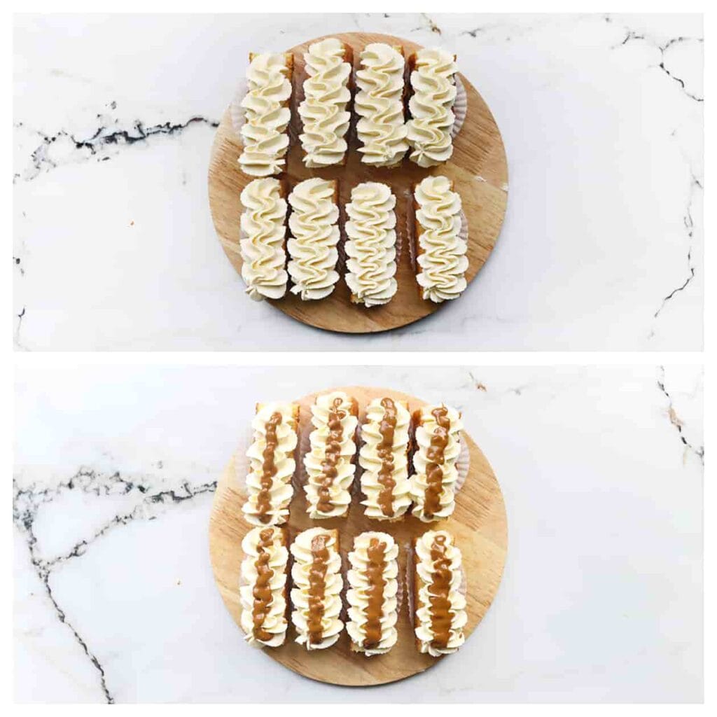 Garneer de cakejes met een toefje room en spuit er wat Biscoff-pasta op. Als je wilt, kun je ze nog verder versieren met stukjes aardbei voor een leuke presentatie.