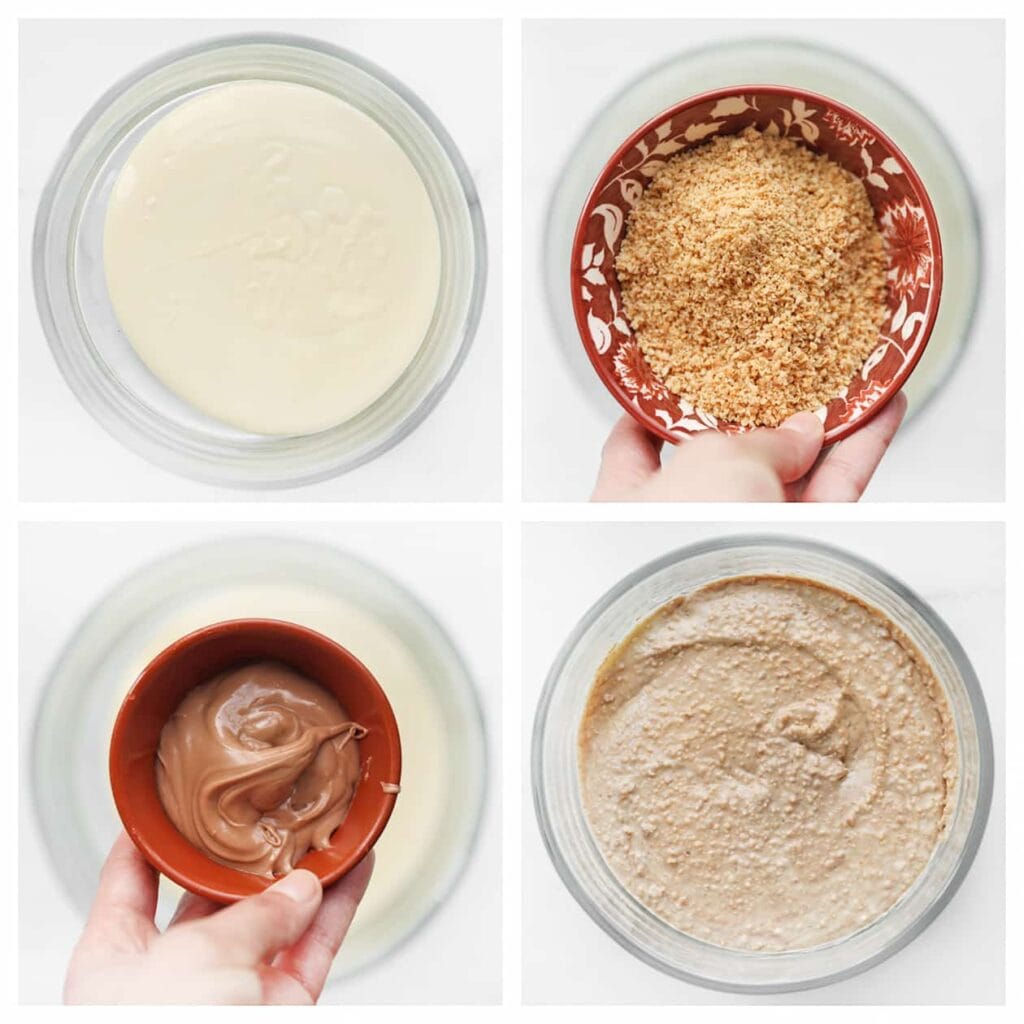 Doe de gesmolten witte chocolade samen met de fijngemalen hazelnoten en hazelnootpasta in een diepe kom en meng alles goed.