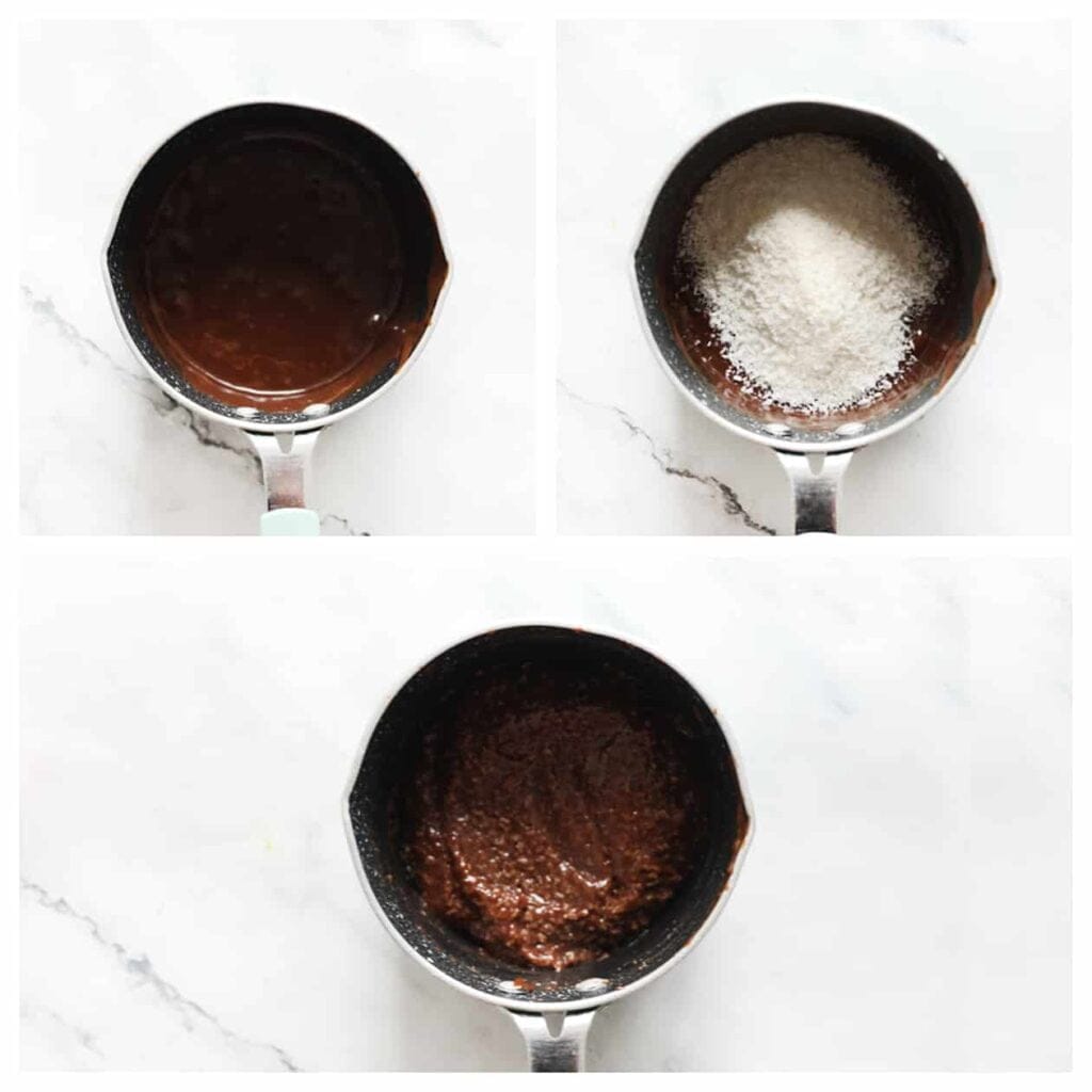 Breng de ongeklopte slagroom (30 ml) bijna tot aan de kook. Voeg vervolgens stukjes melkchocolade toe (75 gram) en laat het geheel 1 minuut staan. Meng daarna tot een gladde massa. Voeg de geraspte kokos toe en meng goed. Plaats het chocolademengsel kort in de koelkast om stevig te worden.