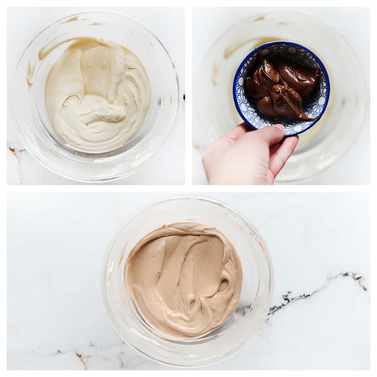 Chocolade mengen met het cheesecakebeslag in een diepe kom