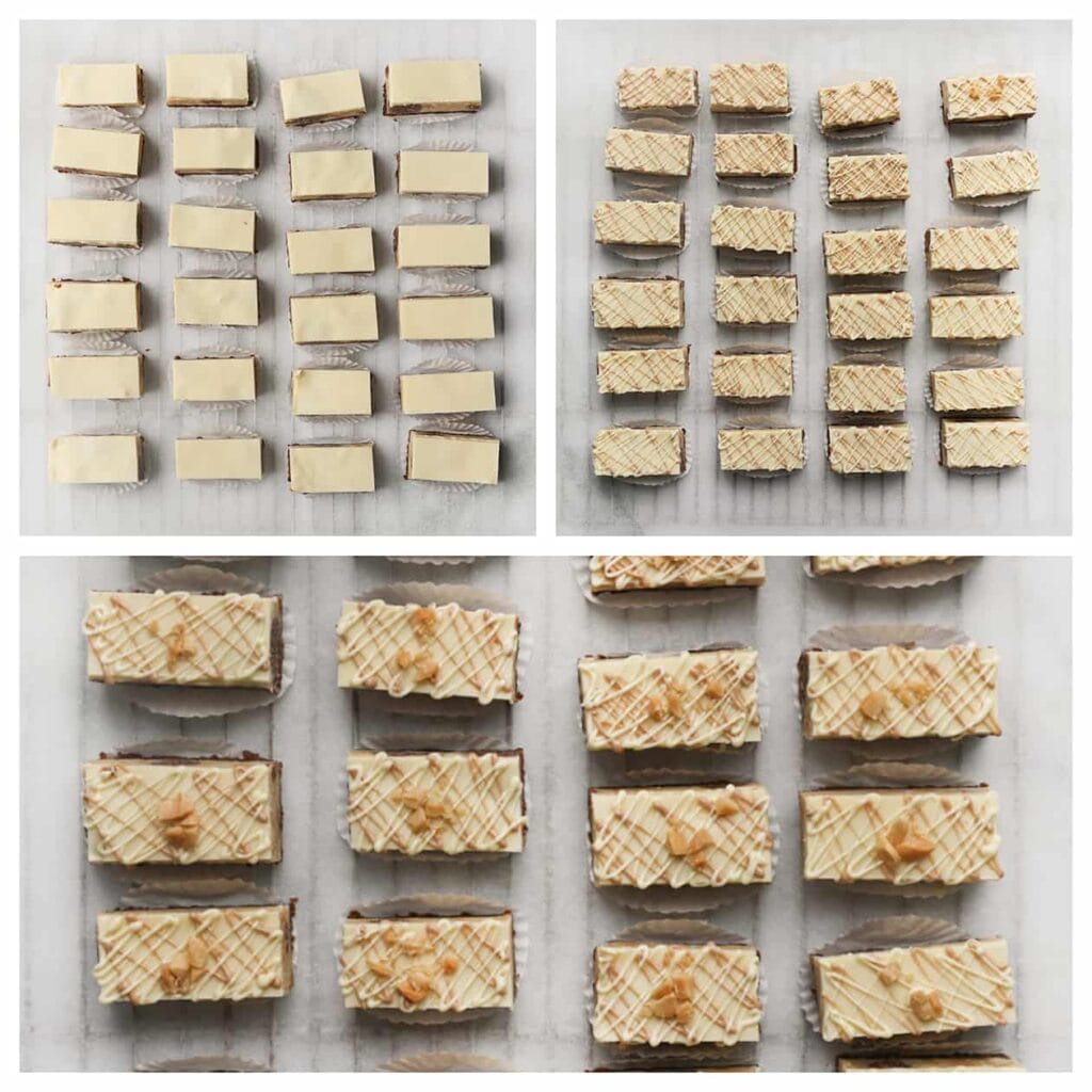 Garneer de koekjes met chocoladelijntjes (een mix van witte chocolade, en witte chocolade met een beetje melkchocolade). Bestrooi de koekjes met gehakte pinda's.