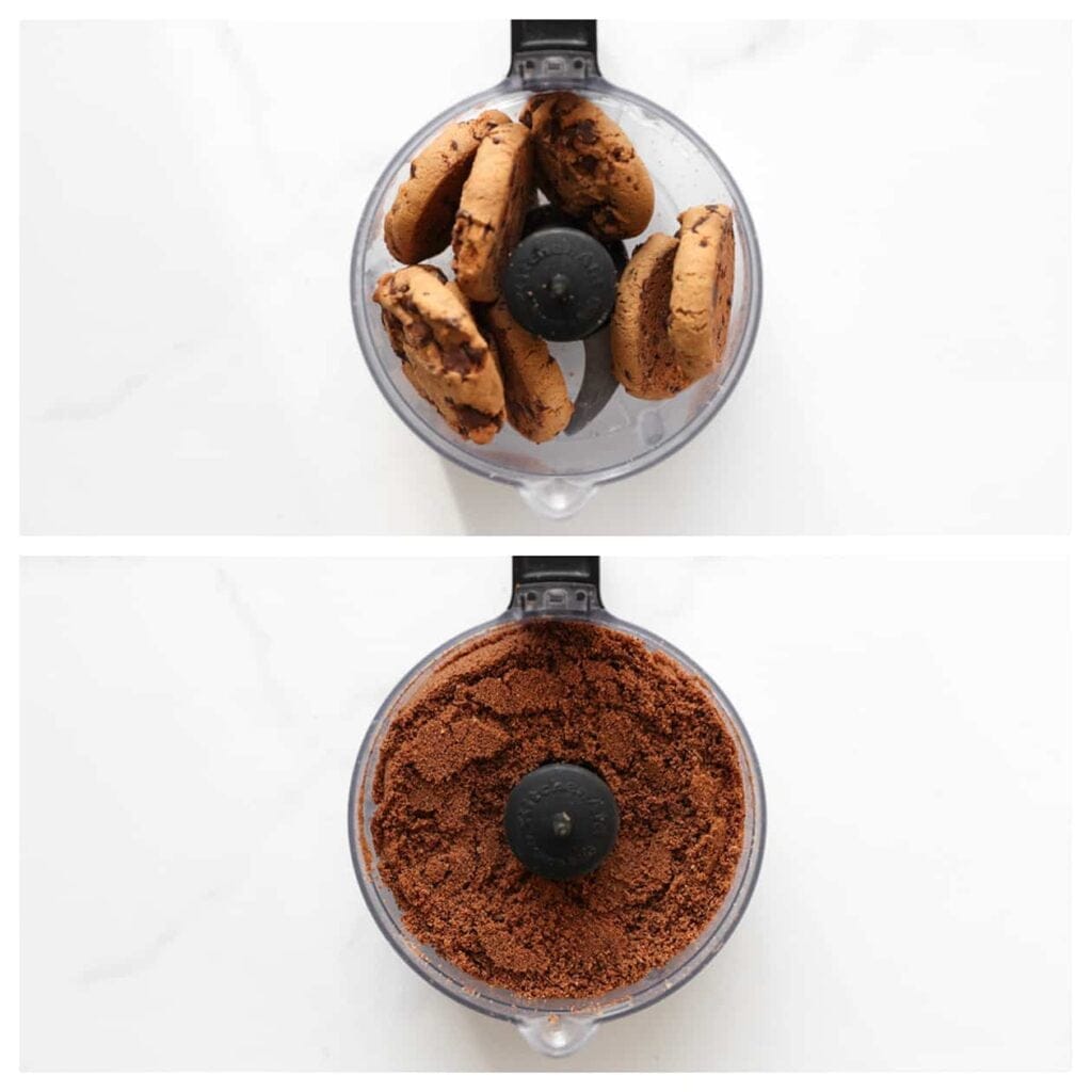 Maal de chocolate chip cookies fijn in een hakmolen.