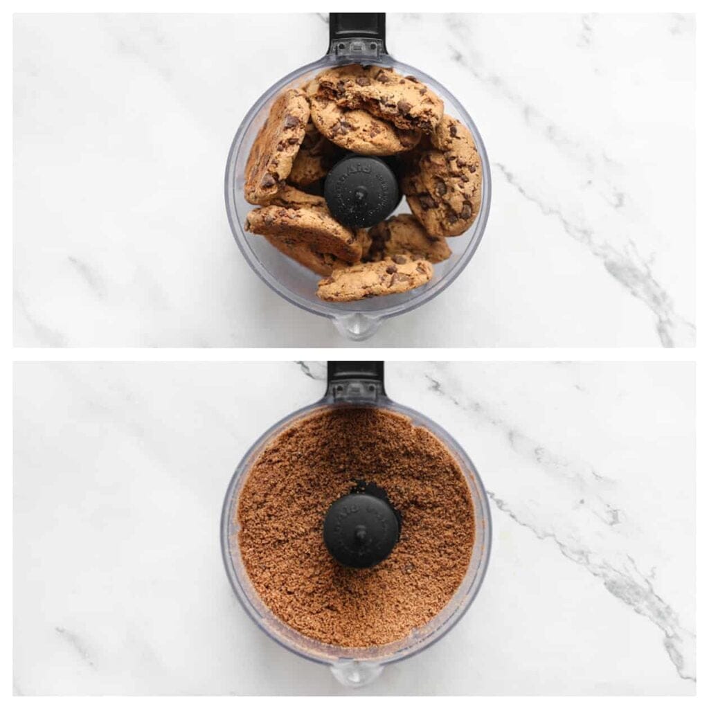 Maal de chocolate chip cookies fijn in een hakmolen.