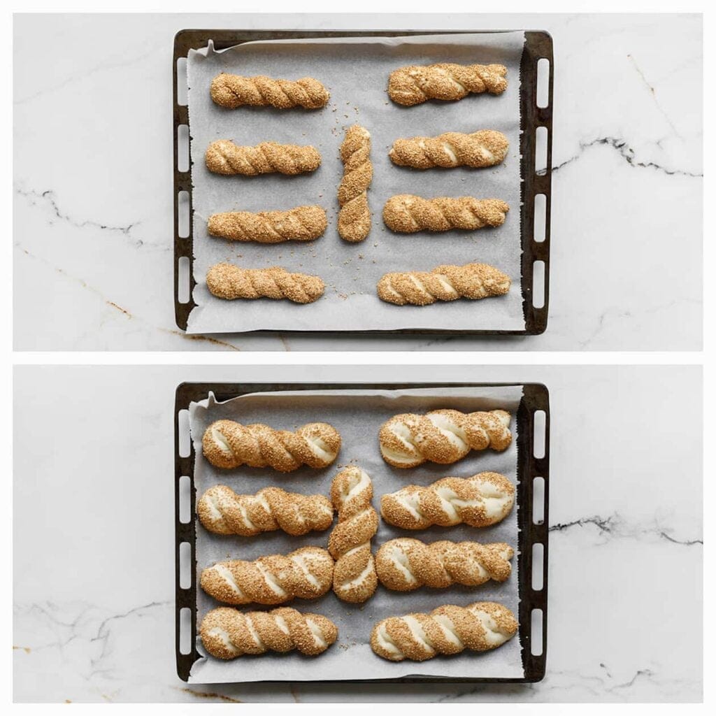 Leg het deeg op een bakplaat met bakpapier. Laat het 30 minuten rijzen op een warme plek in huis, of tot het deeg in omvang is verdubbeld.