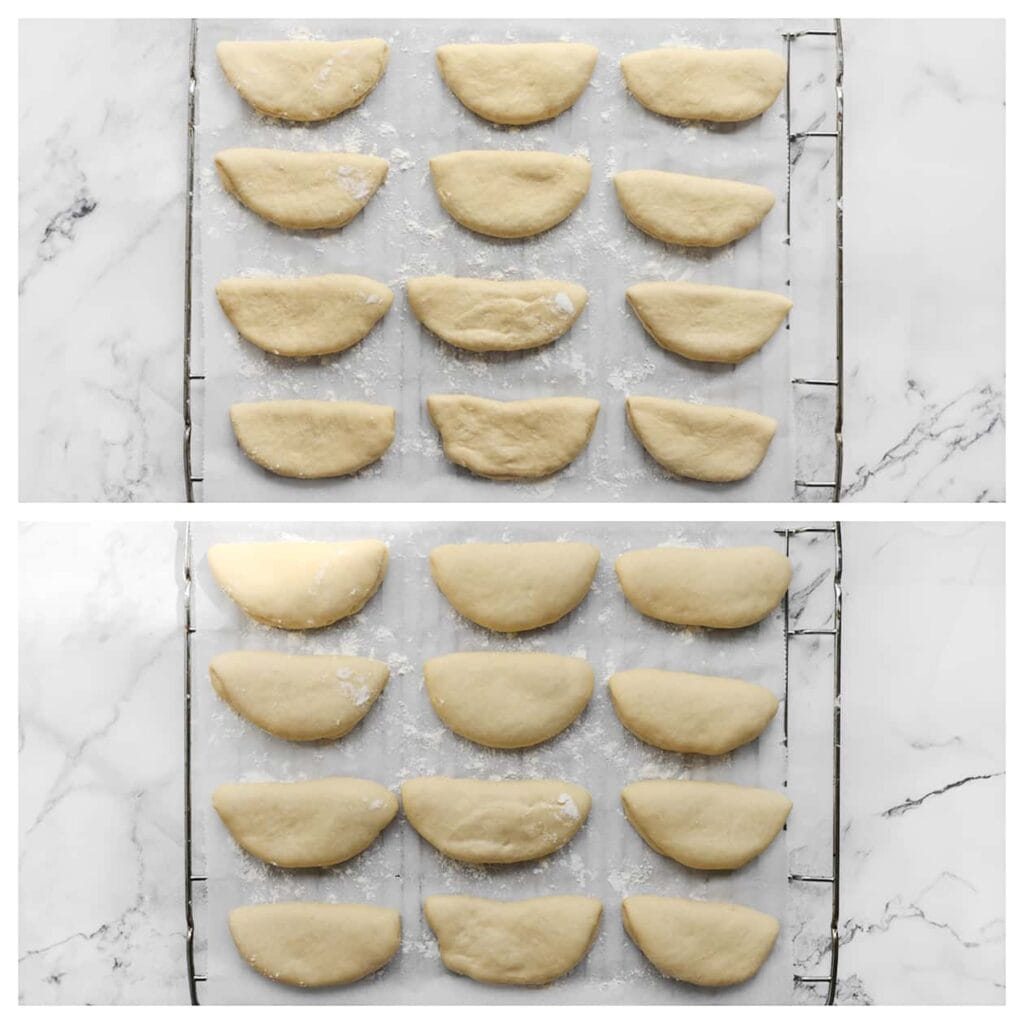 Leg het deeg op een rooster met bakpapier en laat ze 30 minuten rijzen, of totdat ze in omvang zijn verdubbeld.