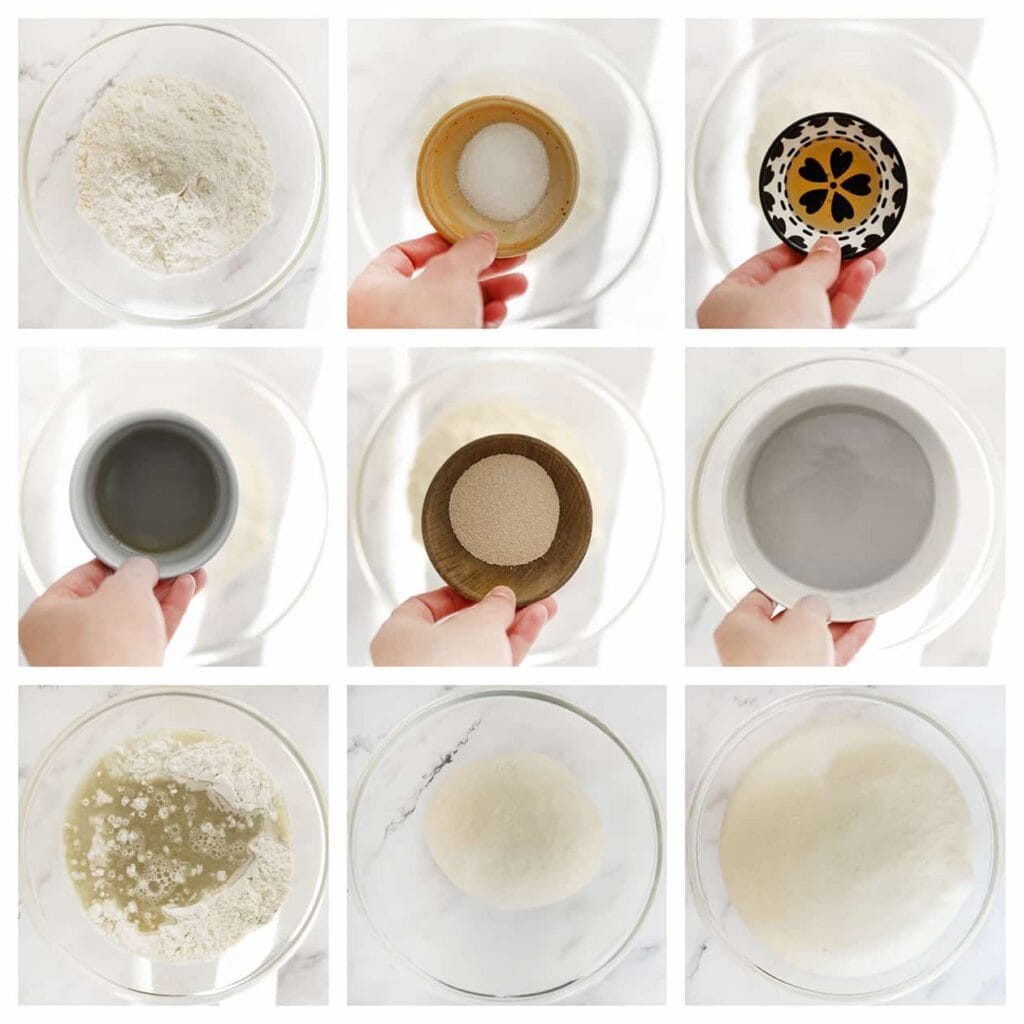 Doe de bloem, het zout, de gist, de honing, de yoghurt, de zonnebloemolie en het lauwwarme water in een diepe kom. Meng goed en kneed 10-12 minuten tot een samenhangend deeg ontstaat. Dek het deeg af en laat het 1 uur rijzen op een warme plek in huis, of tot het deeg in omvang is verdubbeld.