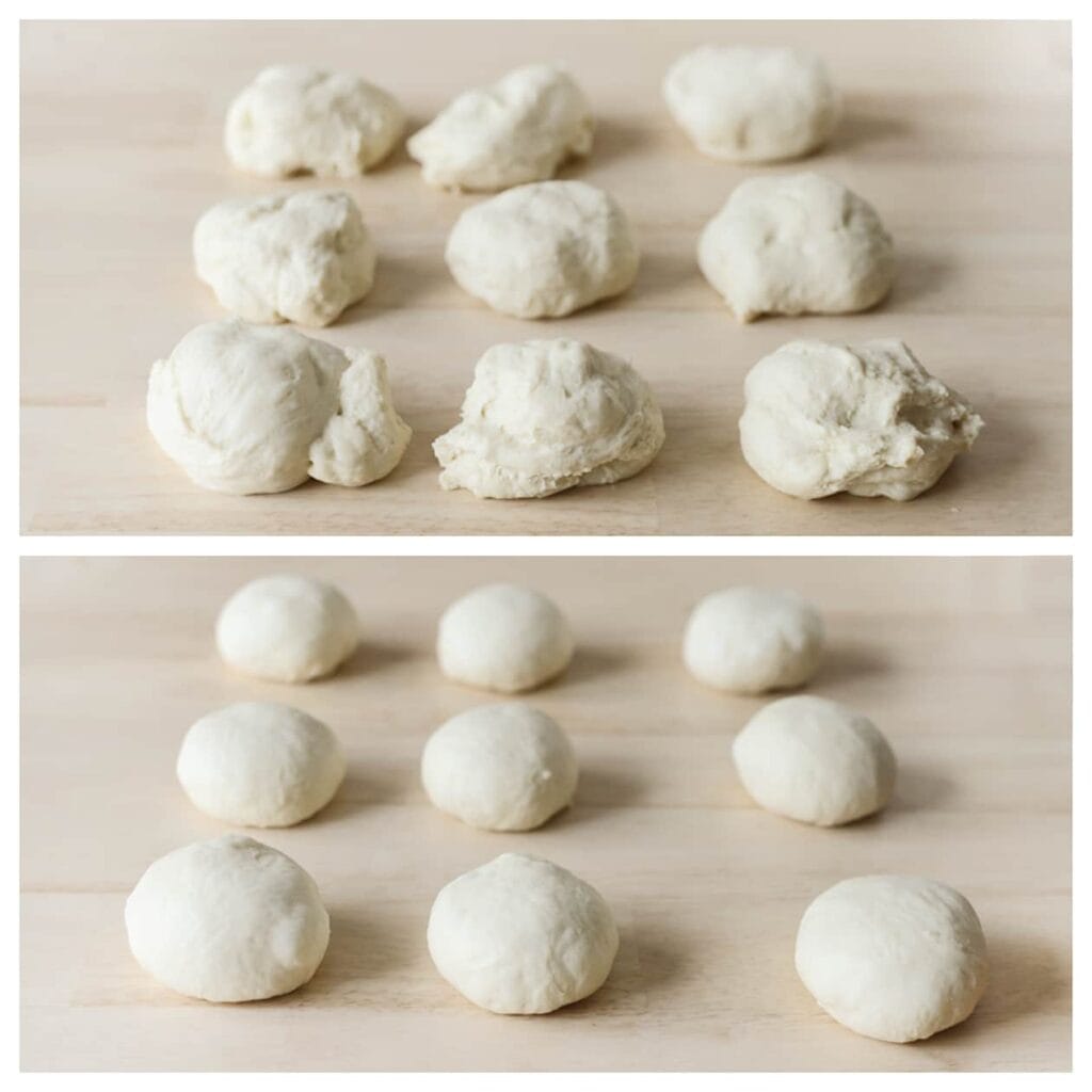 Ontlucht het deeg en verdeel het in 9 gelijke stukken van ongeveer 84 gram. Kneed en vorm elk stuk tot een mooie bol.