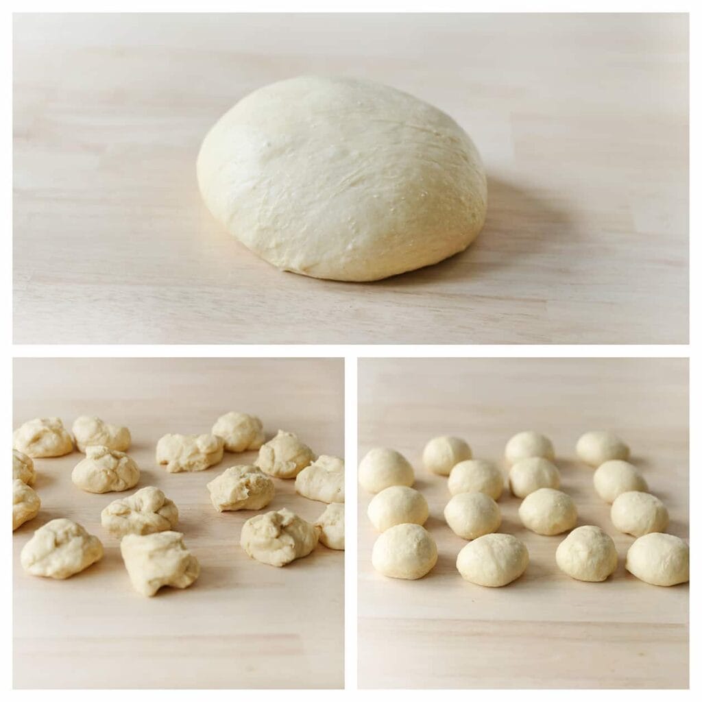 Stort het deeg op je werkplek en verdeel het in 15 stukken van ongeveer 57 gram per stuk. Vorm deze stukken tot mooie ronde bollen.