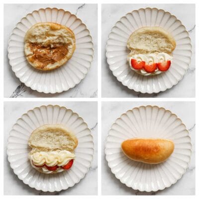 Maak een donut gemakkelijk open en smeer er naar wens chocoladepasta of een andere pasta op. Spuit er vervolgens wat room op, gevolgd door aardbeien en gele room. Bismillah, geniet ervan!