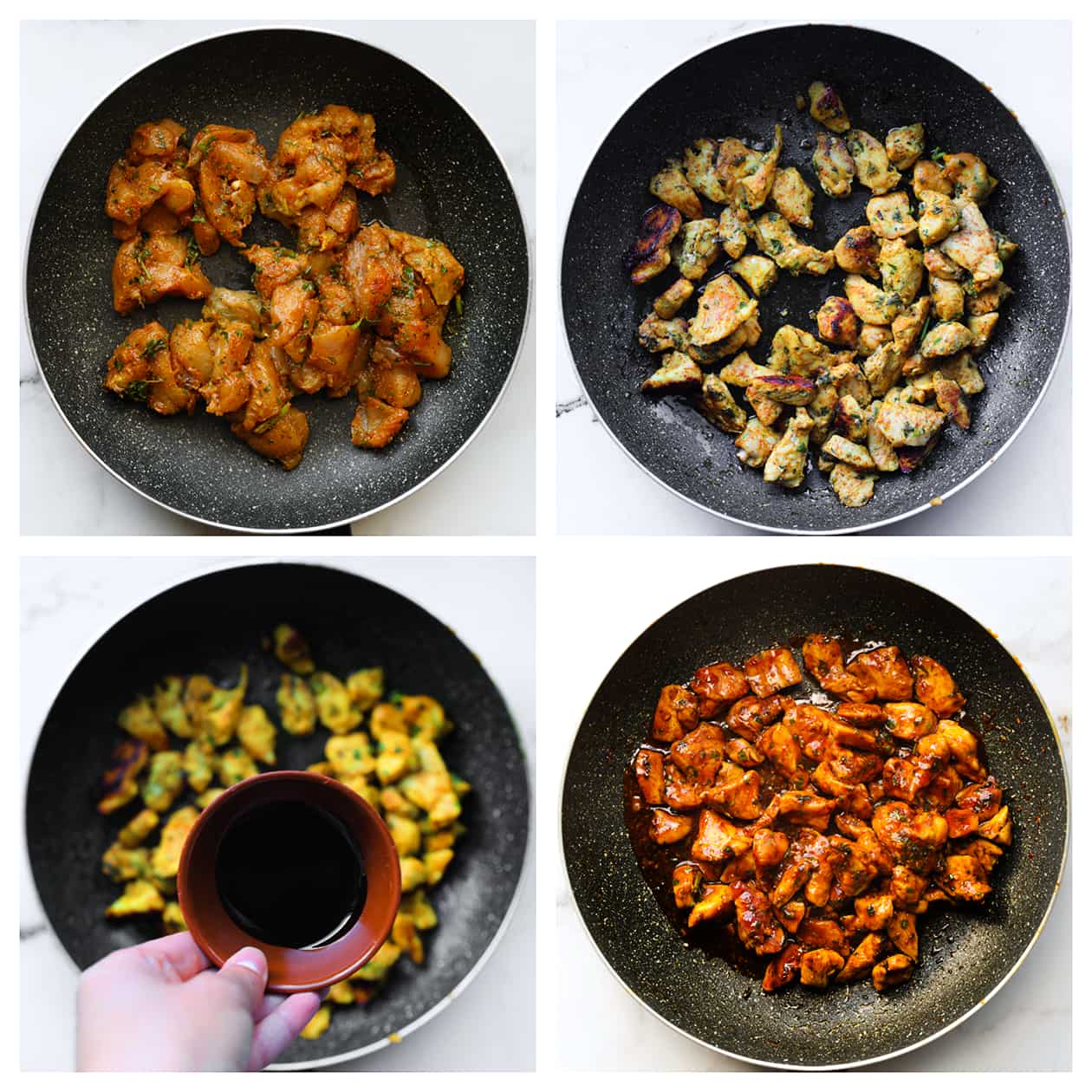 Kip gaar bakken en laten sudderen in saus