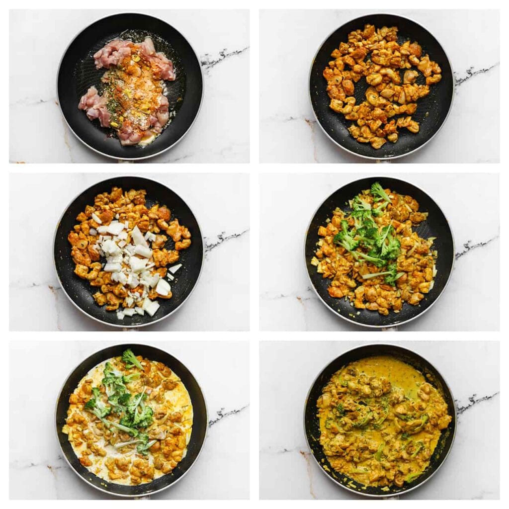 Verhit de olijfolie samen met de zonnebloemolie in een koekenpan op middelhoog vuur. Voeg de in stukjes gesneden kippendijen toe, samen met de kurkuma, cayennepeper, zwarte peper en gedroogde bieslook. Bak 2-3 minuten. Voeg de gesnipperde ui toe en bak deze nog eens 3-4 minuten mee. Voeg ten slotte de broccoli en de ongeklopte slagroom toe. Laat het geheel 5-7 minuten koken, of totdat de saus goed is ingedikt.