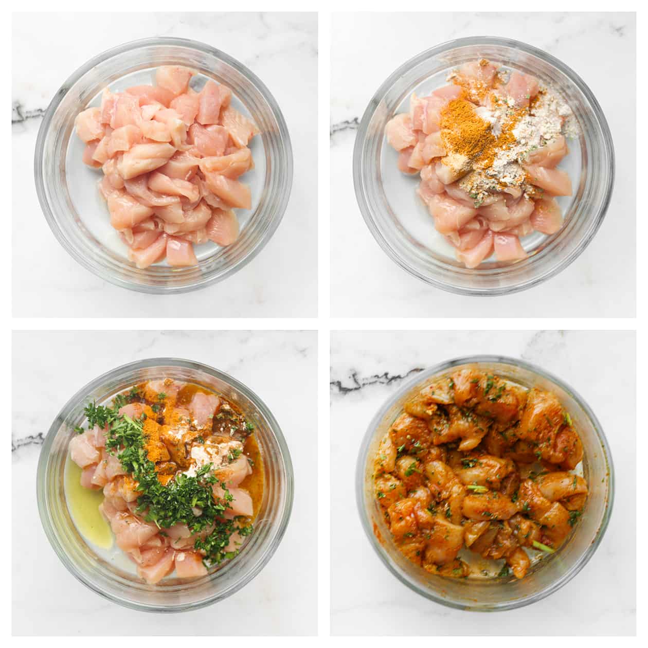 Kip mengen in een diepe kom