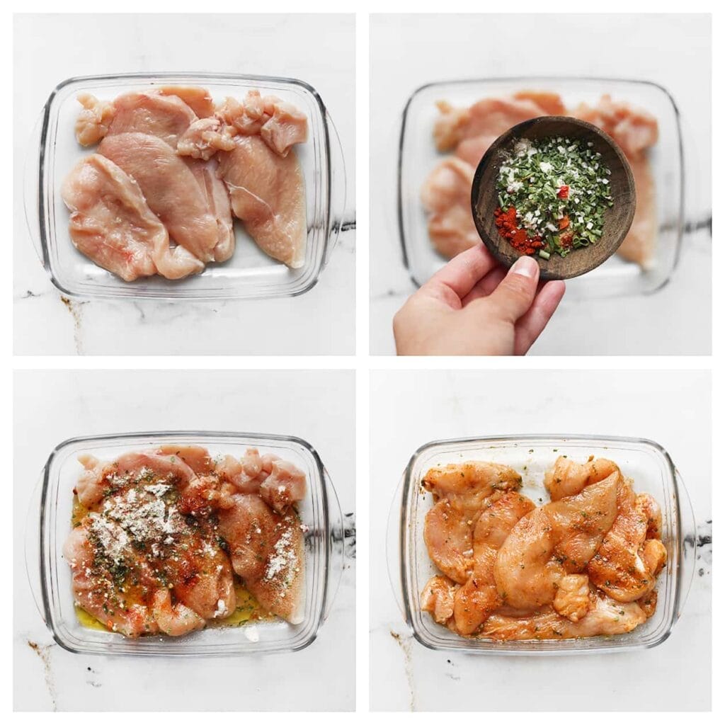 Was de kip en snijd deze in dunne plakjes. Doe de gesneden kip, het zout, uienpoeder, knoflookpoeder, komijnpoeder, cayennepeper, paprikapoeder en olijfolie in een kom. Meng goed en zet even apart in de koelkast.