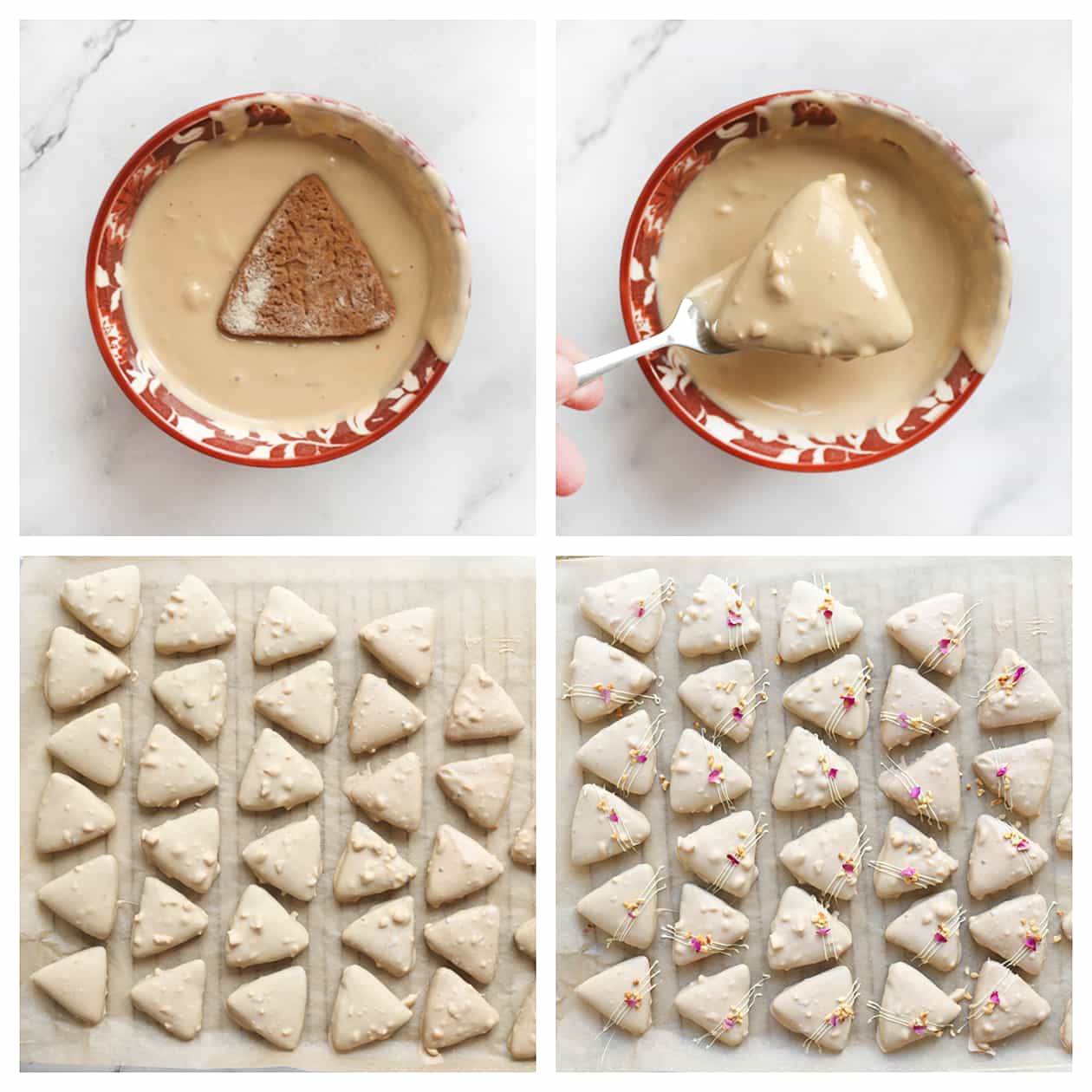 Koekjes door het chocolademengsek halen en garneren